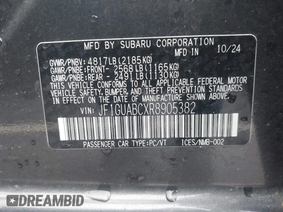 2024 Subaru Impreza with VIN JF1GUABCXR8905382, listed as a IAAI auction lot 41905321 with 3,085 mi miles and . Bid and sale history available at DreamBid. Image 9.