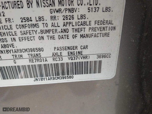 2012 Infiniti M37 with VIN JN1BY1AR9CM396580, listed as a IAAI auction lot 41694032 with 137,197 mi miles. Bid and sale history available at carsss.com. Image 9.