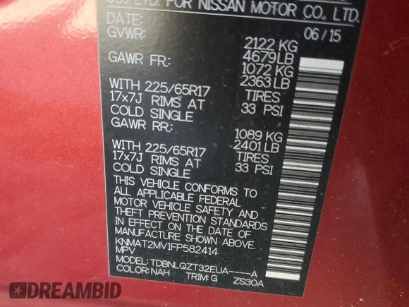 2015 Nissan Rogue S with VIN KNMAT2MV1FP582414, listed as a Copart auction lot 52733225 with Not Provided miles and Clean Title. Bid and sale history available at DreamBid. Image 12.
