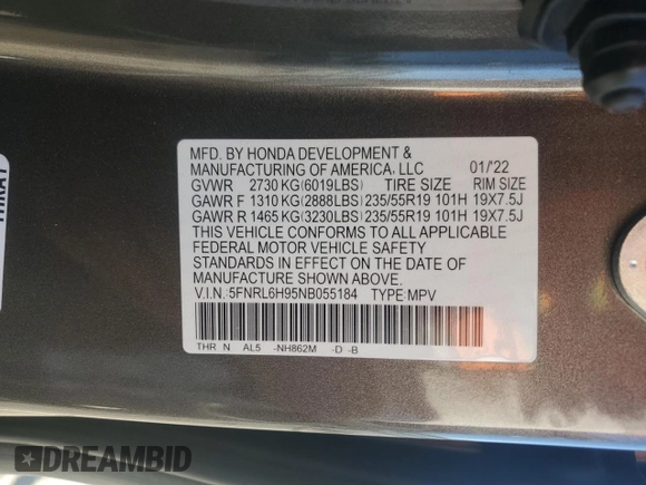 2022 Honda Odyssey Elite z VIN 5FNRL6H95NB055184, wystawiony jako Copart lot #49643595 z przebiegiem 50 574 mil mil oraz Szkoda całkowita • Salvage title. Historia ofert i sprzedaży dostępna na DreamBid. Obrazek 14.