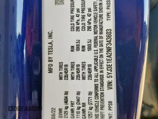 2022 Tesla Model 3 z VIN 5YJ3E1EA2NF343603, wystawiony jako Copart lot #59758095 z przebiegiem 14 965 mil mil oraz Szkoda całkowita • Salvage title. Historia ofert i sprzedaży dostępna na DreamBid. Obrazek 12.