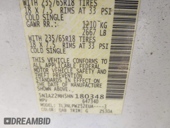 2017 Nissan Murano S with VIN 5N1AZ2MH5HN180348, listed as a IAAI auction lot 41720686 with 82,759 mi miles and . Bid and sale history available at DreamBid. Image 9.