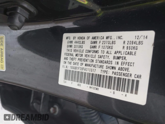 2015 Acura TLX with VIN 19UUB1F39FA010517, listed as a IAAI auction lot 41966748 with 171,138 mi miles. Bid and sale history available at carsss.com. Image 9.