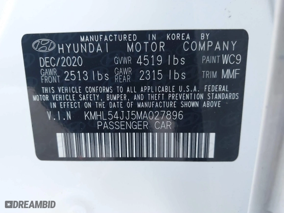 2021 Hyundai Sonata Hybrid Limited with VIN KMHL54JJ5MA027896, listed as a IAAI auction lot 41830948 with 29,064 mi miles. Bid and sale history available at carsss.com. Image 9.