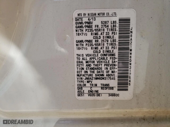 2013 Nissan Murano SL with VIN JN8AZ1MW6DW317545, listed as a Copart auction lot 52925185 with 77,162 mi miles and Salvage Title. Bid and sale history available at carsss.com. Image 13.