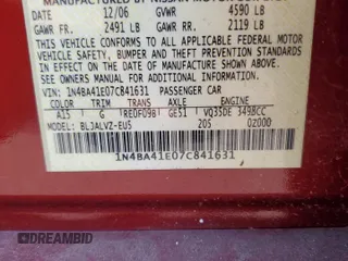 2007 Nissan Maxima 3.5 SE with VIN 1N4BA41E07C841631, listed as a Copart auction lot 65874474 with 83,857 mi miles and Clean Title. Bid and sale history available at carsss.com. Image 12.