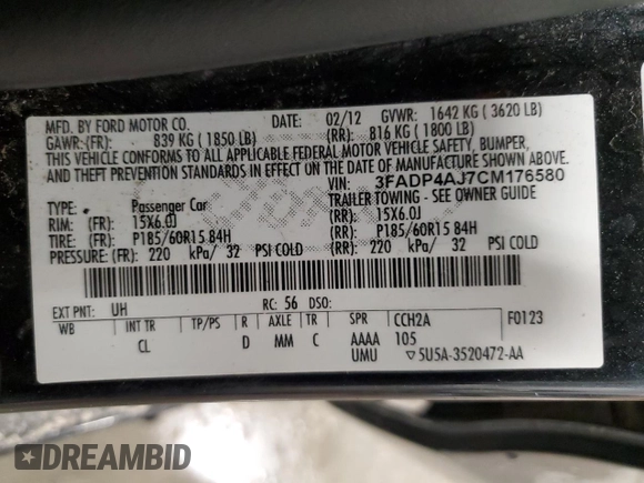 2012 Ford Fiesta S with VIN 3FADP4AJ7CM176580, listed as a Copart auction lot 48203685 with 91,372 mi miles and Clean Title. Bid and sale history available at carsss.com. Image 12.