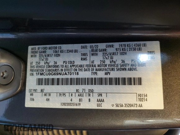 2022 Ford Escape SE с VIN 1FMCU0G69NUA70118, выставлен на аукционе Copart как лот 62036645 с пробегом 104 807 миль миль и Чистый • Clean title. История ставок и продаж доступна на DreamBid. Изображение 13.
