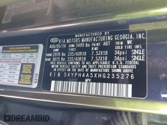 2017 Kia Sorento EX with VIN 5XYPH4A5XHG235276, listed as a IAAI auction lot 42249716 with 165,518 mi miles and . Bid and sale history available at DreamBid. Image 9.