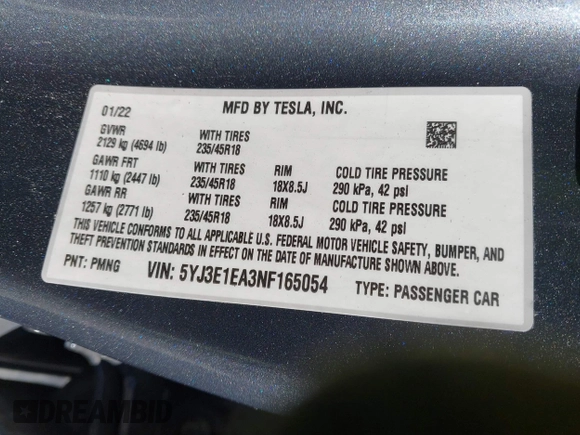 2022 Tesla Model 3 with VIN 5YJ3E1EA3NF165054, listed as a IAAI auction lot 41805729 with 225,773 mi miles. Bid and sale history available at carsss.com. Image 9.