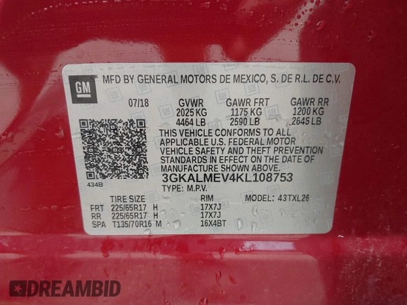 2019 GMC Terrain SLE with VIN 3GKALMEV4KL108753, listed as a IAAI auction lot 42558445 with 66,025 mi miles and . Bid and sale history available at DreamBid. Image 9.