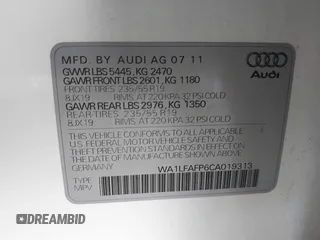 2012 Audi Q5 Premium Plus with VIN WA1LFAFP6CA019313, listed as a IAAI auction lot 42344103 with 95,091 mi miles and . Bid and sale history available at DreamBid. Image 9.