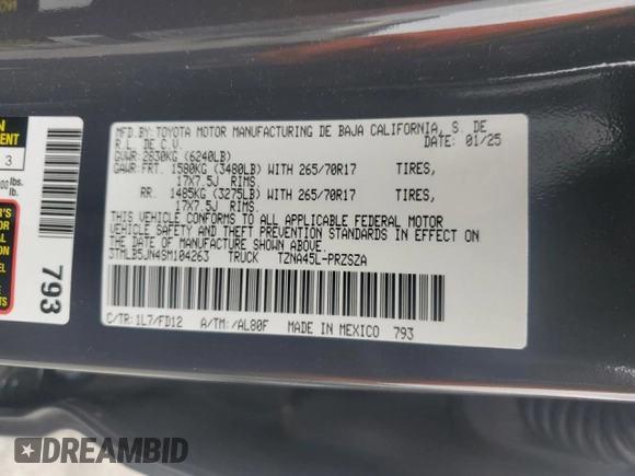 2025 Toyota Tacoma SR with VIN 3TMLB5JN4SM104263, listed as a Copart auction lot 54402775 with 1,010 mi miles and Salvage Title. Bid and sale history available at DreamBid. Image 13.