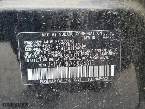 2019 Subaru WRX Limited with VIN JF1VA1N63K8824879, listed as a Copart auction lot 46076325 with 0 mi miles and Salvage Title. Bid and sale history available at carsss.com. Image 12.