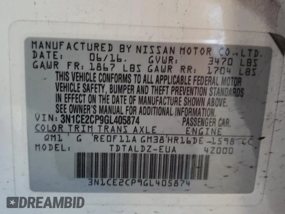 2016 Nissan Note S with VIN 3N1CE2CP9GL405874, listed as a Copart auction lot 61603605 with 112,747 mi miles and Clean title. Bid and sale history available at DreamBid. Image 12.