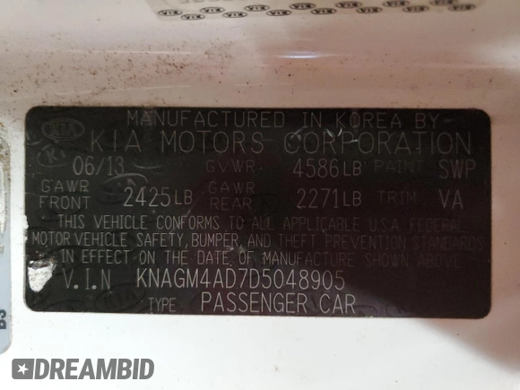 2013 Kia Optima Hybrid LX with VIN KNAGM4AD7D5048905, listed as a Copart auction lot 76755884 with 135,409 mi miles and Clean Title. Bid and sale history available at carsss.com. Image 12.