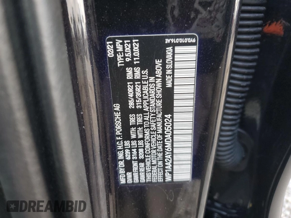 2021 Porsche Cayenne with VIN WP1AA2AY6MDA05024, listed as a Copart auction lot 52023595 with 24,455 mi miles and Salvage title. Bid and sale history available at DreamBid. Image 13.