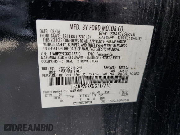 2016 Ford Taurus SEL z VIN 1FAHP2E9XGG117710, wystawiony jako Copart lot #57914095 z przebiegiem 131 344 mil mil oraz Szkoda całkowita • Salvage title. Historia ofert i sprzedaży dostępna na DreamBid. Obrazek 12.