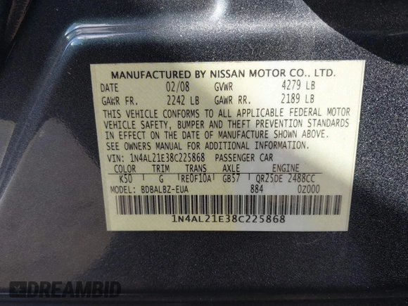 2008 Nissan Altima 2.5 S with VIN 1N4AL21E38C225868, listed as a IAAI auction lot 41344561 with 118,314 mi miles. Bid and sale history available at carsss.com. Image 9.