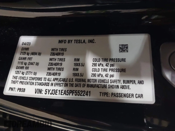 2023 Tesla Model 3 with VIN 5YJ3E1EA5PF552241, listed as a IAAI auction lot 41876487 with 18,533 mi miles and . Bid and sale history available at carsss.com. Image 9.