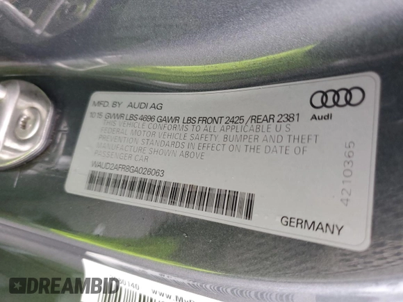 2016 Audi A5 Premium with VIN WAUD2AFR8GA026063, listed as a Copart auction lot 41074883 with 62,579 mi miles and Non repairable. Bid and sale history available at DreamBid. Image 13.