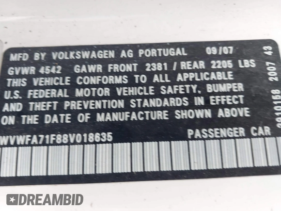 2008 Volkswagen Eos Lux z VIN WVWFA71F88V018635, wystawiony jako IAAI lot #42220306 z przebiegiem 155 448 mil mil oraz . Historia ofert i sprzedaży dostępna na DreamBid. Obrazek 9.