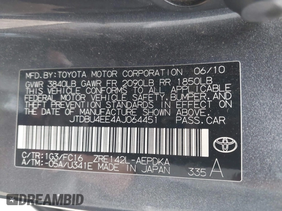 2010 Toyota Corolla with VIN JTDBU4EE4AJ064451, listed as a IAAI auction lot 42110720 with 160,992 mi miles and . Bid and sale history available at DreamBid. Image 9.
