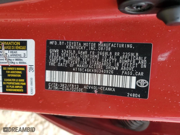2009 Toyota Camry with VIN 4T1BE46K49U340926, listed as a Copart auction lot 50694505 with 187,243 mi miles and Salvage Title. Bid and sale history available at carsss.com. Image 12.