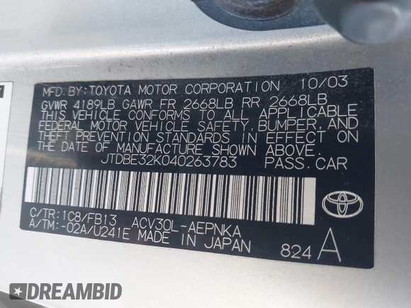 2004 Toyota Camry LE z VIN JTDBE32K040263783, wystawiony jako IAAI lot #42066013 z przebiegiem 204 531 mil mil oraz . Historia ofert i sprzedaży dostępna na DreamBid. Obrazek 9.