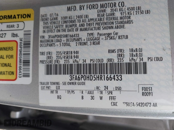 2017 Ford Fusion SE z VIN 3FA6P0HD5HR166433, wystawiony jako IAAI lot #42394998 z przebiegiem 121 333 mil mil oraz . Historia ofert i sprzedaży dostępna na DreamBid. Obrazek 9.
