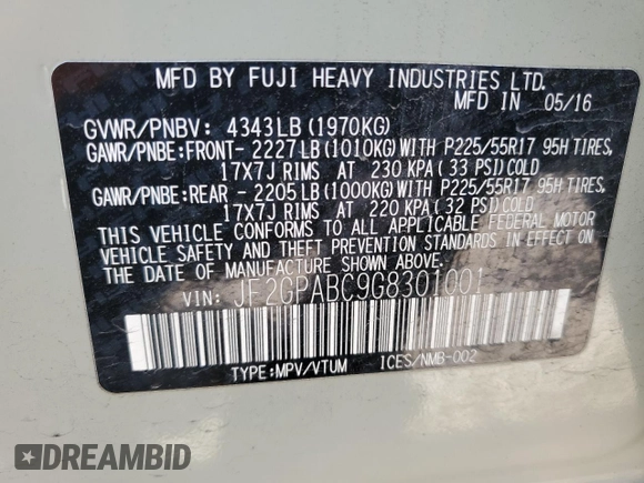 2016 Subaru Crosstrek Premium with VIN JF2GPABC9G8301001, listed as a Copart auction lot 59203765 with 76,046 mi miles and Salvage title. Bid and sale history available at DreamBid. Image 12.