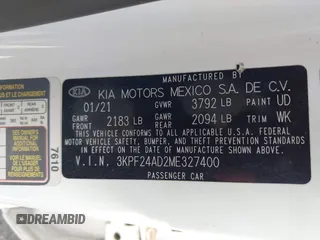 2021 Kia Forte LXS z VIN 3KPF24AD2ME327400, wystawiony jako IAAI lot #41897888 z przebiegiem 103 248 mil mil oraz . Historia ofert i sprzedaży dostępna na DreamBid. Obrazek 9.