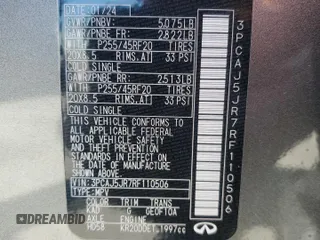 2024 Infiniti QX55 Luxe с VIN 3PCAJ5JR7RF110506, выставлен на аукционе Copart как лот 58578335 с пробегом 4 380 миль миль и Списание • Salvage title. История ставок и продаж доступна на DreamBid. Изображение 14.