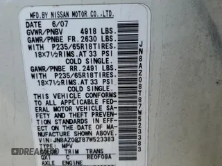 2007 Nissan Murano S z VIN JN8AZ08T87W523383, wystawiony jako Copart lot #53564715 z przebiegiem 187 549 mil mil oraz Szkoda całkowita • Salvage title. Historia ofert i sprzedaży dostępna na DreamBid. Obrazek 15.