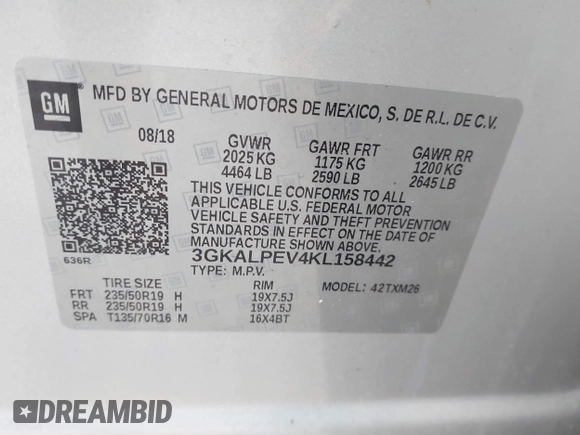 2019 GMC Terrain SLT z VIN 3GKALPEV4KL158442, wystawiony jako IAAI lot #41955667 z przebiegiem 123 306 mil mil oraz . Historia ofert i sprzedaży dostępna na DreamBid. Obrazek 9.
