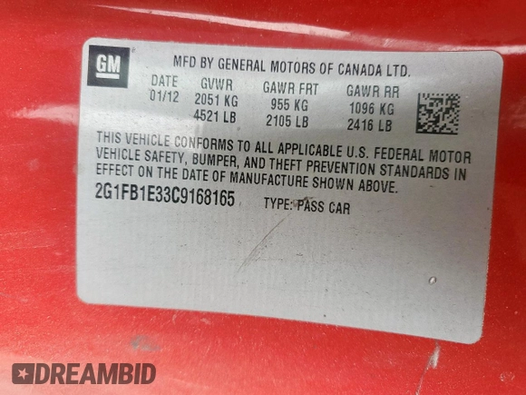 2012 Chevrolet Camaro 1LT with VIN 2G1FB1E33C9168165, listed as a Copart auction lot 57306385 with 156,165 mi miles and Clean title. Bid and sale history available at DreamBid. Image 12.