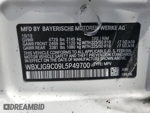 2020 BMW X1 xDrive28i с VIN WBXJG9C09L5P49700, выставлен на аукционе Copart как лот 55398635 с пробегом 95 029 миль миль и Списание • Salvage title. История ставок и продаж доступна на DreamBid. Изображение 14.