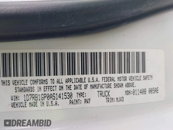 2010 Dodge 1500 SLT with VIN 1D7RB1GP0AS141530, listed as a IAAI auction lot 41879543 with 282,130 mi miles. Bid and sale history available at carsss.com. Image 9.