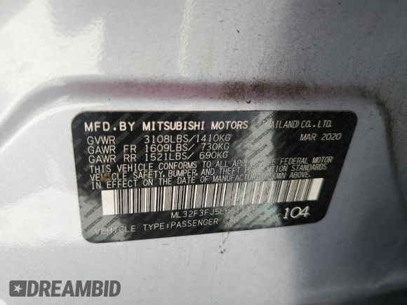 2020 Mitsubishi Mirage ES z VIN ML32F3FJ5LHF11336, wystawiony jako Copart lot #57326845 z przebiegiem 64 411 mil mil oraz Szkoda całkowita • Salvage title. Historia ofert i sprzedaży dostępna na DreamBid. Obrazek 12.