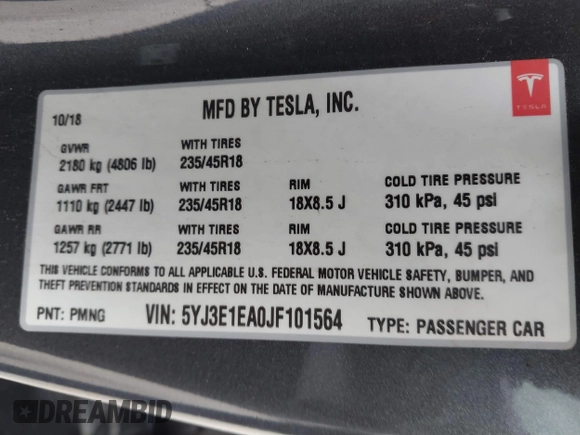 2018 Tesla Model 3 Long Range Battery with VIN 5YJ3E1EA0JF101564, listed as a IAAI auction lot 41902214 with 101,581 mi miles. Bid and sale history available at carsss.com. Image 9.