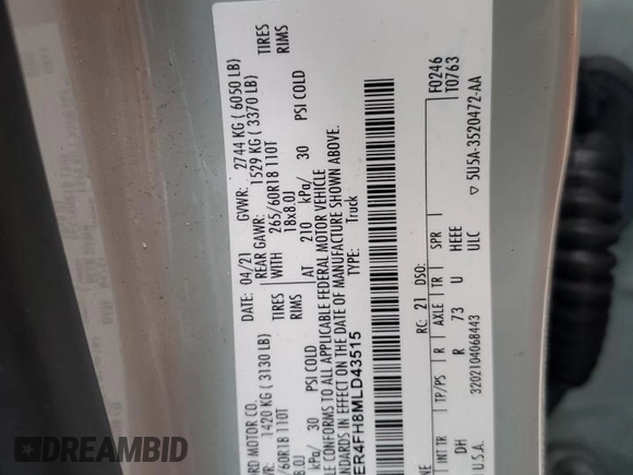 2021 Ford Ranger XL с VIN 1FTER4FH8MLD43515, выставлен на аукционе Copart как лот 54320125 с пробегом 66 048 миль миль и Списание • Salvage title. История ставок и продаж доступна на DreamBid. Изображение 12.
