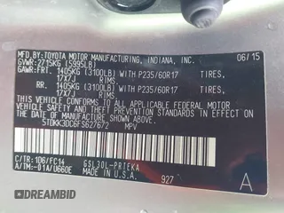 2015 Toyota Sienna LE AAS with VIN 5TDKK3DC6FS627672, listed as a IAAI auction lot 41900555 with 205,111 mi miles. Bid and sale history available at carsss.com. Image 9.