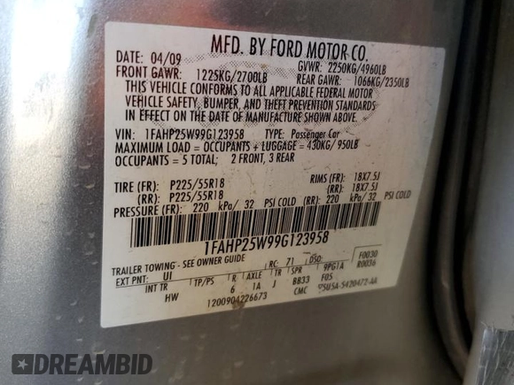 2009 Ford Taurus Limited with VIN 1FAHP25W99G123958, listed as a Copart auction lot 75100894 with 187,735 mi miles and Salvage Title. Bid and sale history available at carsss.com. Image 14.