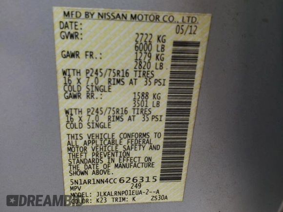 2012 Nissan Pathfinder S z VIN 5N1AR1NN4CC626315, wystawiony jako Copart lot #57136535 z przebiegiem 127 193 mil mil oraz Szkoda całkowita • Salvage title. Historia ofert i sprzedaży dostępna na DreamBid. Obrazek 13.