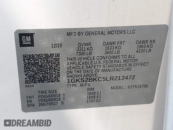 2020 GMC Yukon SLT with VIN 1GKS2BKC5LR213472, listed as a IAAI auction lot 41385513 with 1 mi miles. Bid and sale history available at carsss.com. Image 9.
