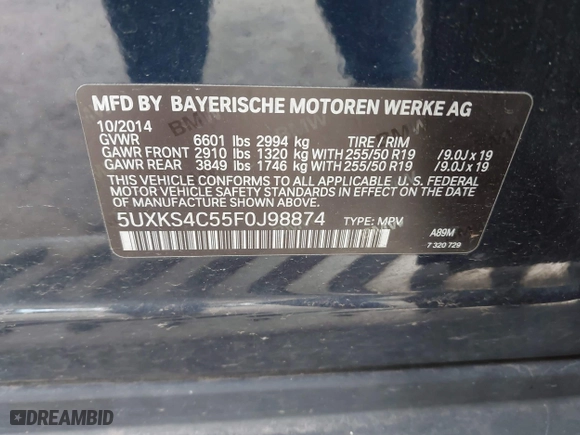 2015 BMW X5 xDrive35d with VIN 5UXKS4C55F0J98874, listed as a IAAI auction lot 42030583 with 151,079 mi miles. Bid and sale history available at carsss.com. Image 9.