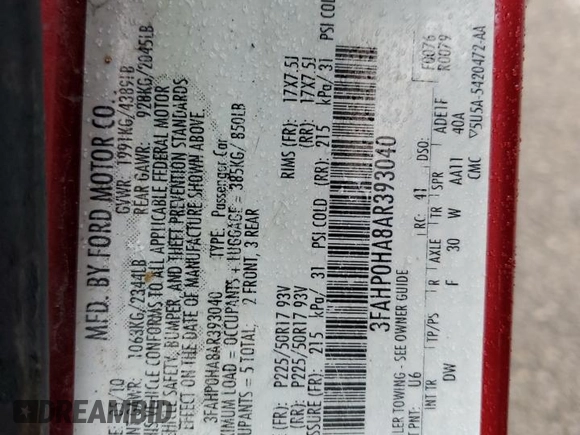 2010 Ford Fusion SE with VIN 3FAHP0HA8AR393040, listed as a Copart auction lot 86576704 with 240,697 mi miles and Salvage Title. Bid and sale history available at DreamBid. Image 12.