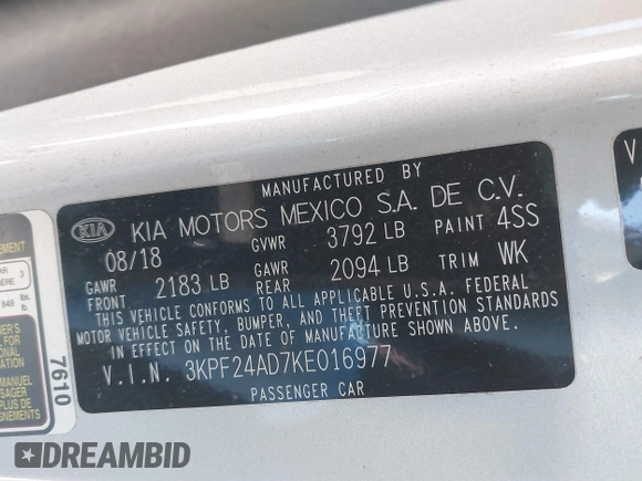 2019 Kia Forte LXS with VIN 3KPF24AD7KE016977, listed as a IAAI auction lot 41802342 with 132,177 mi miles. Bid and sale history available at carsss.com. Image 9.
