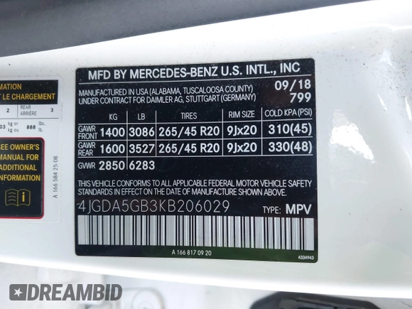 2019 Mercedes-Benz GLE 400 with VIN 4JGDA5GB3KB206029, listed as a IAAI auction lot 41279145 with 37,101 mi miles and . Bid and sale history available at DreamBid. Image 9.