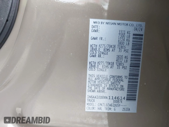 2024 Nissan Titan Pro-4X z VIN 1N6AA1ED0RN114614, wystawiony jako IAAI lot #41548196 z przebiegiem 3 405 mil mil oraz . Historia ofert i sprzedaży dostępna na DreamBid. Obrazek 9.